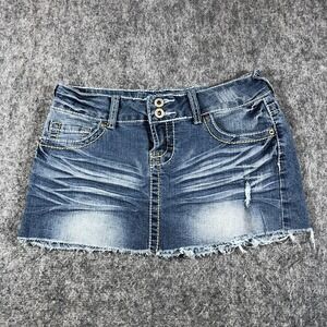 Rue21 Denim Mini Skirt Juniors 1/2 Blue Low Rise Distressed Frayed Hem